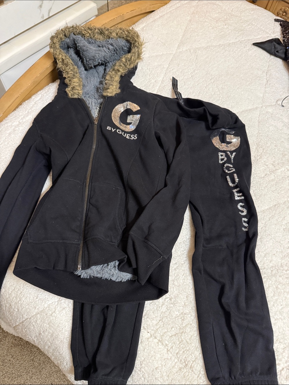 Guess Black Hoodie & Joggers Set with Faux Fur Trim